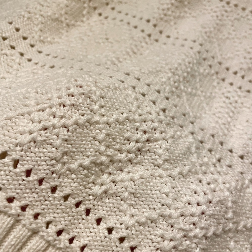 LOFT Dot Stripe Pointelle Ivory Cotton Sweater Size L Scalloped Detail Crewneck - Picture 6 of 9